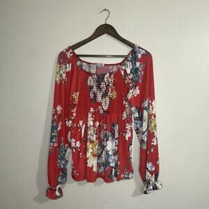 White Birch Long Sleeve Ruched Orange Floral Women Blouse Size M